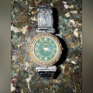 Fossil Watch Womens Stainless Steel Gold Braided Leather Black Strap Green Bezel